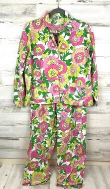 Pine Cone Hill Womens S Green Pink Floral Cotton Pajama Set Cozy Sleepwear
